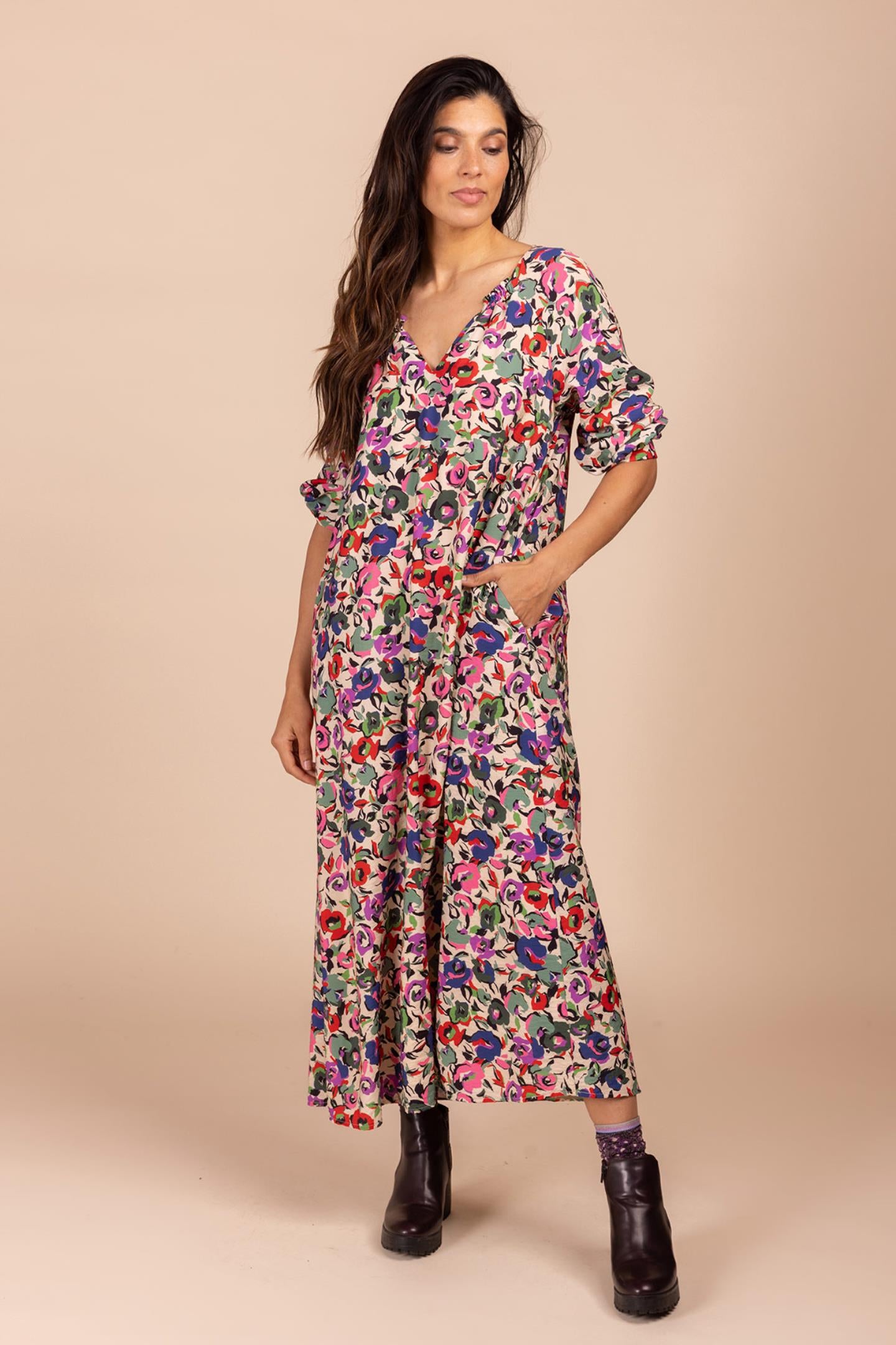 LANG KLEED MET WARME BLOEMENPRINT (8632)