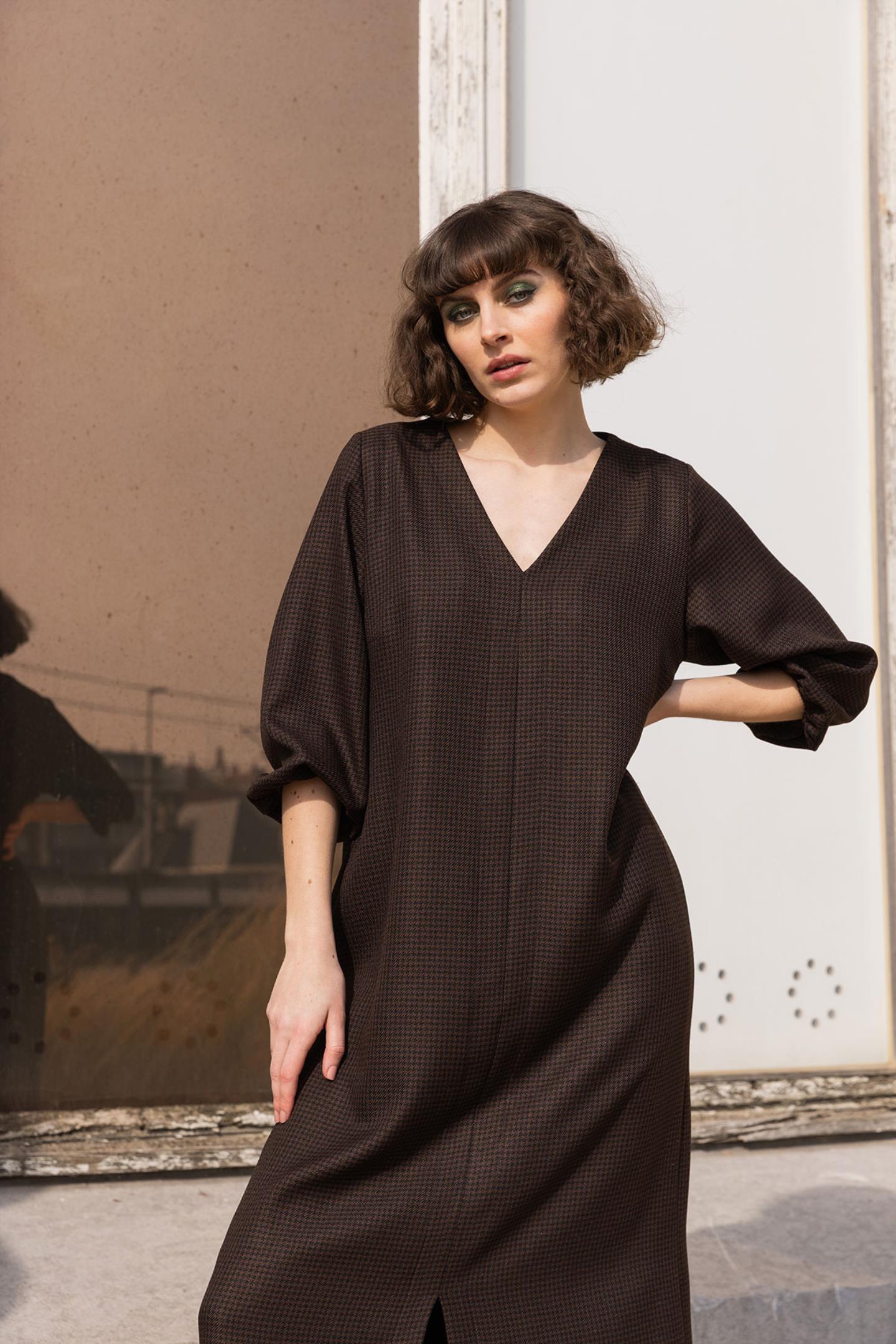 MAXI JURK MET PIED DE POULE DESSIN (8646)