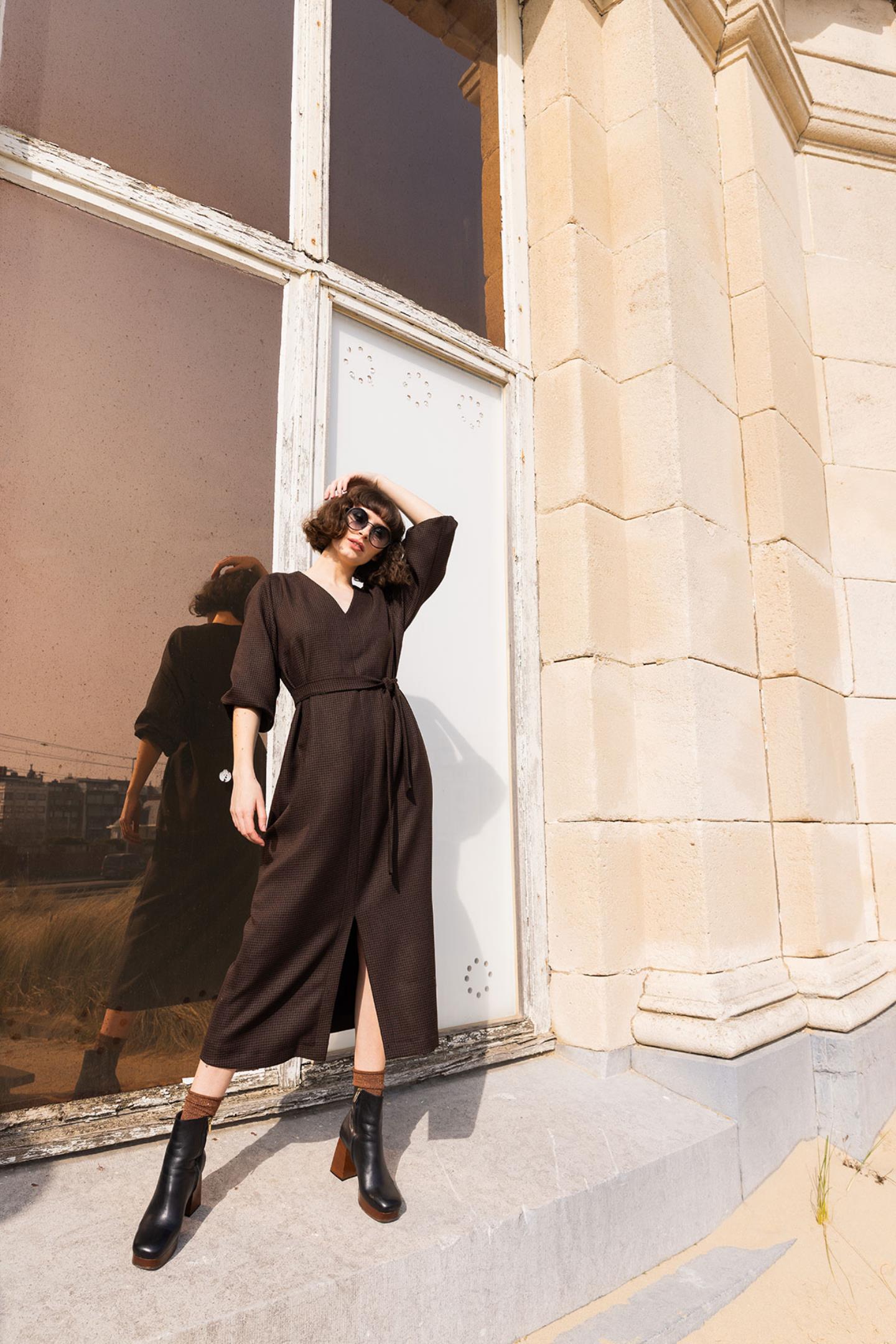 MAXI JURK MET PIED DE POULE DESSIN (8646)