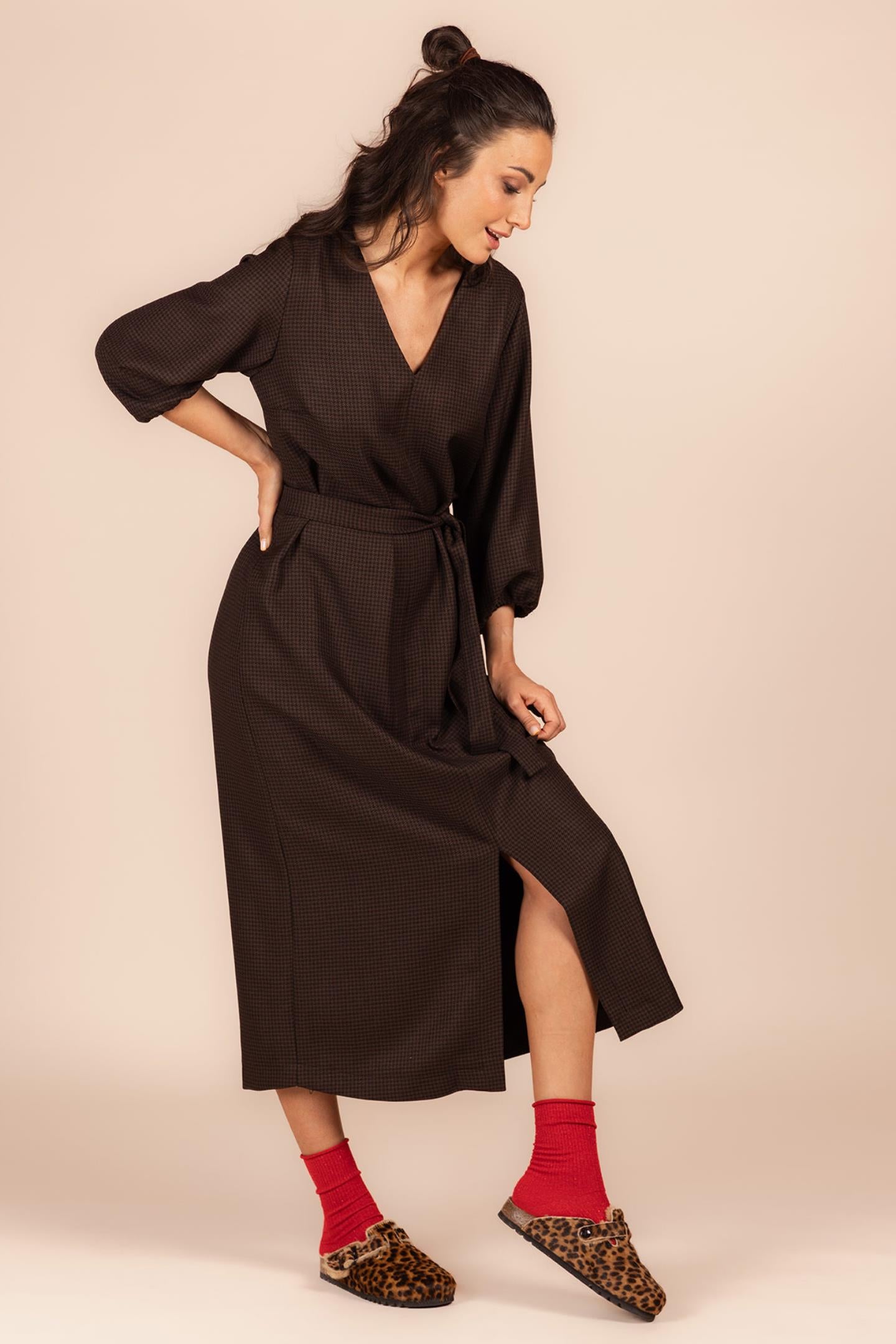 MAXI JURK MET PIED DE POULE DESSIN (8646)