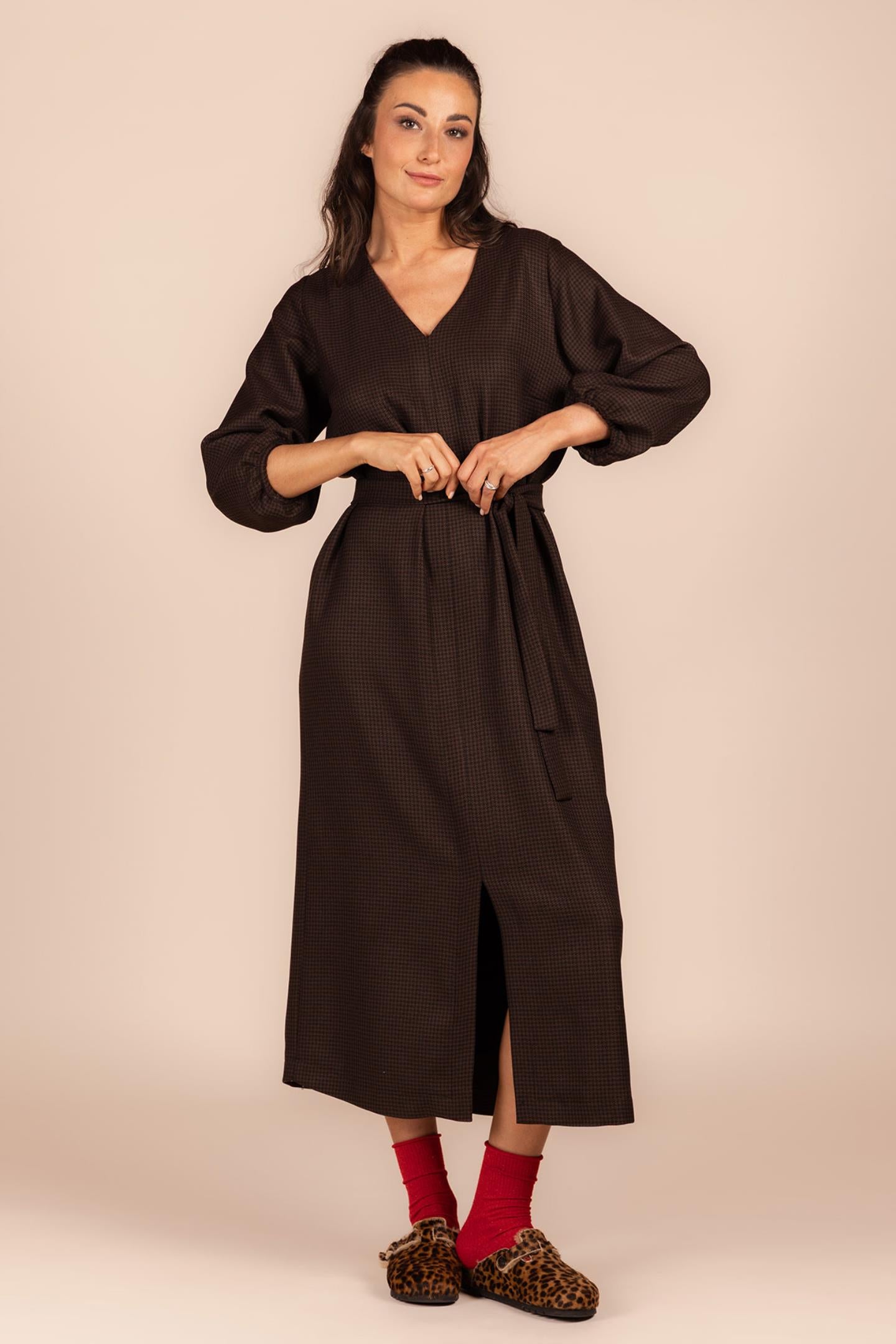 MAXI JURK MET PIED DE POULE DESSIN (8646)