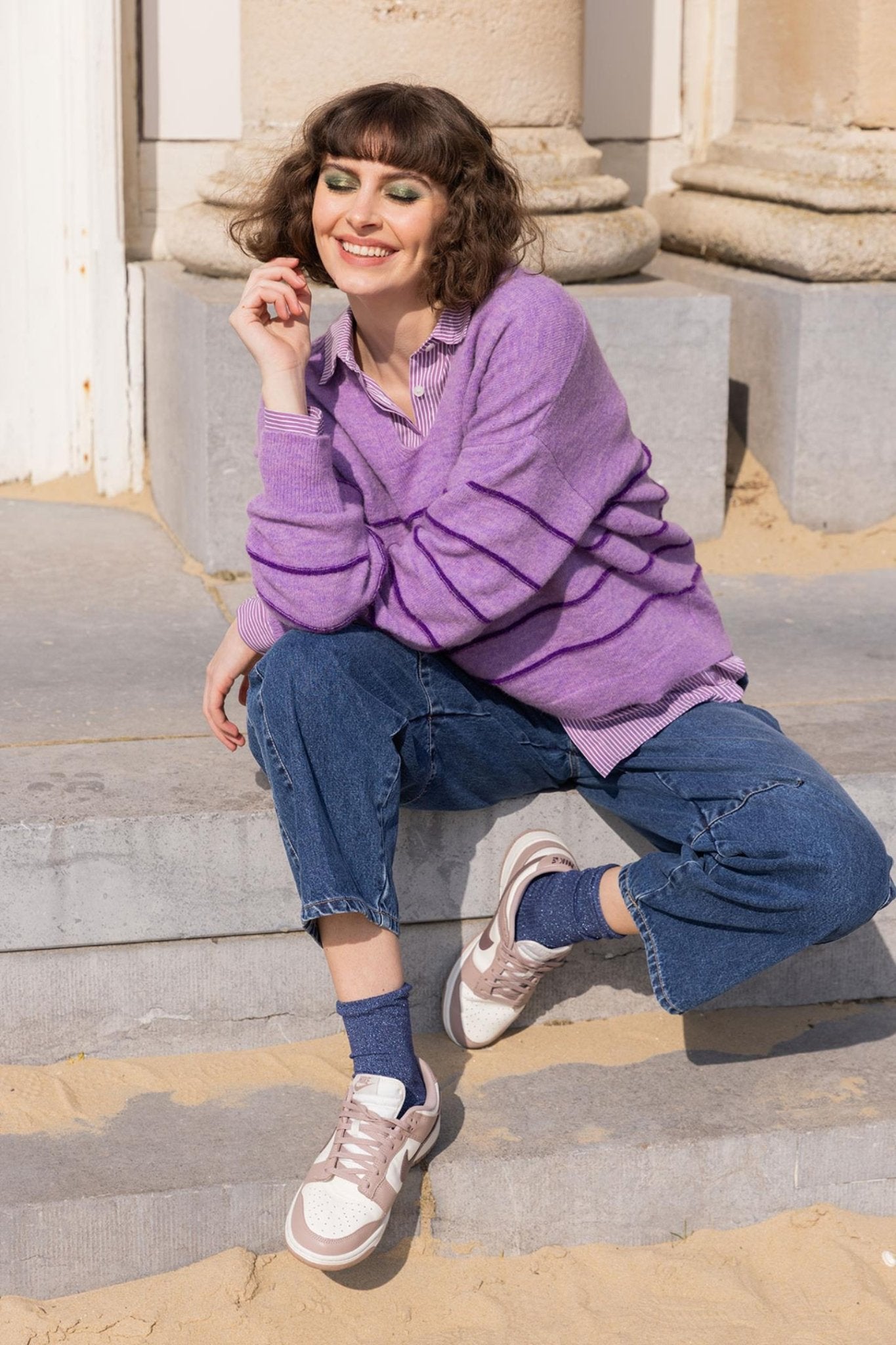 GESTREEPTE SWEATER MET V - HALS (8565) - Four Roses