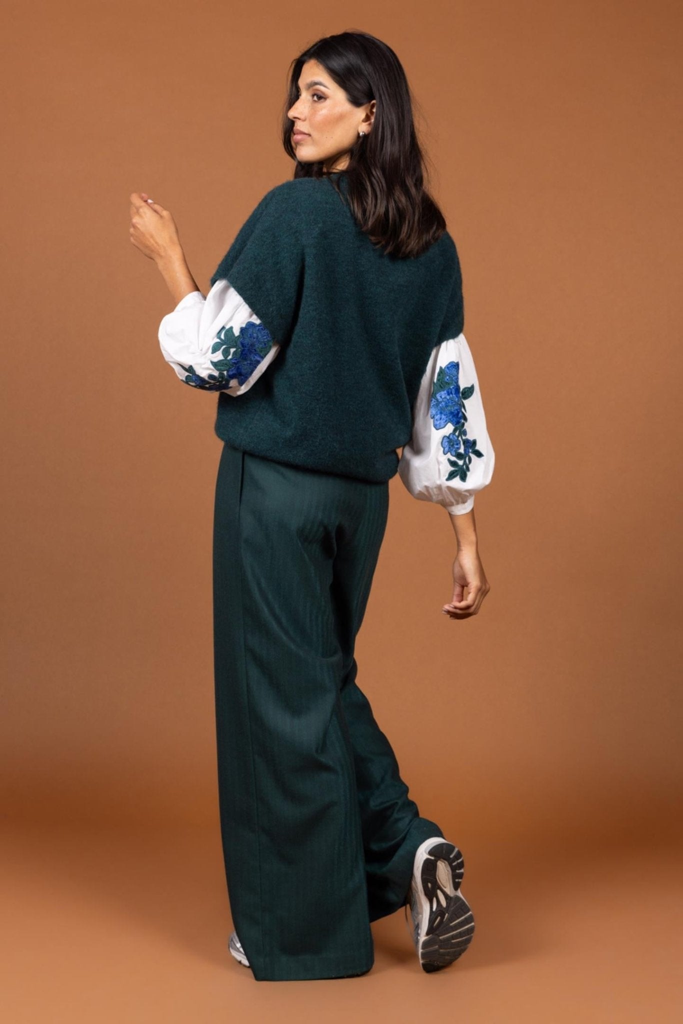 WIJDE BROEK MET HOGE TAILLE IN PETROL (9604) - Four Roses
