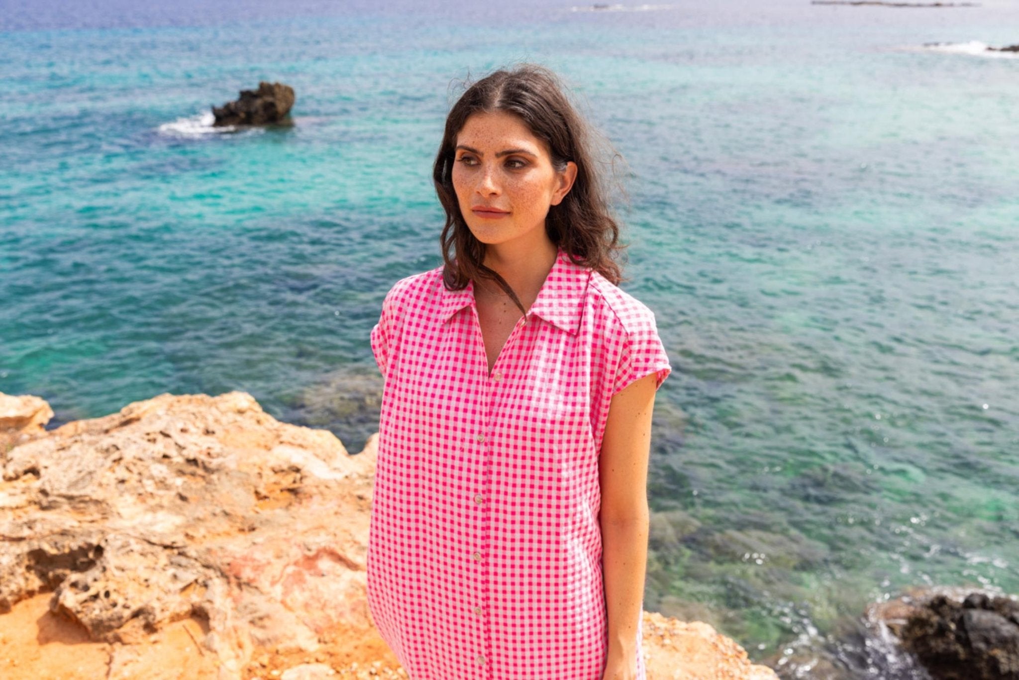 BUTTON-UP DRESS WITH CHECKED PATTERN (C9105) - Four Roses