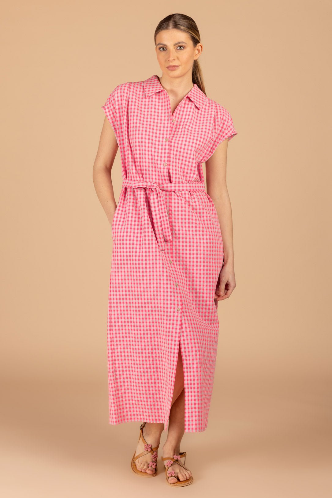 BUTTON-UP DRESS WITH CHECKED PATTERN (C9105) - Four Roses