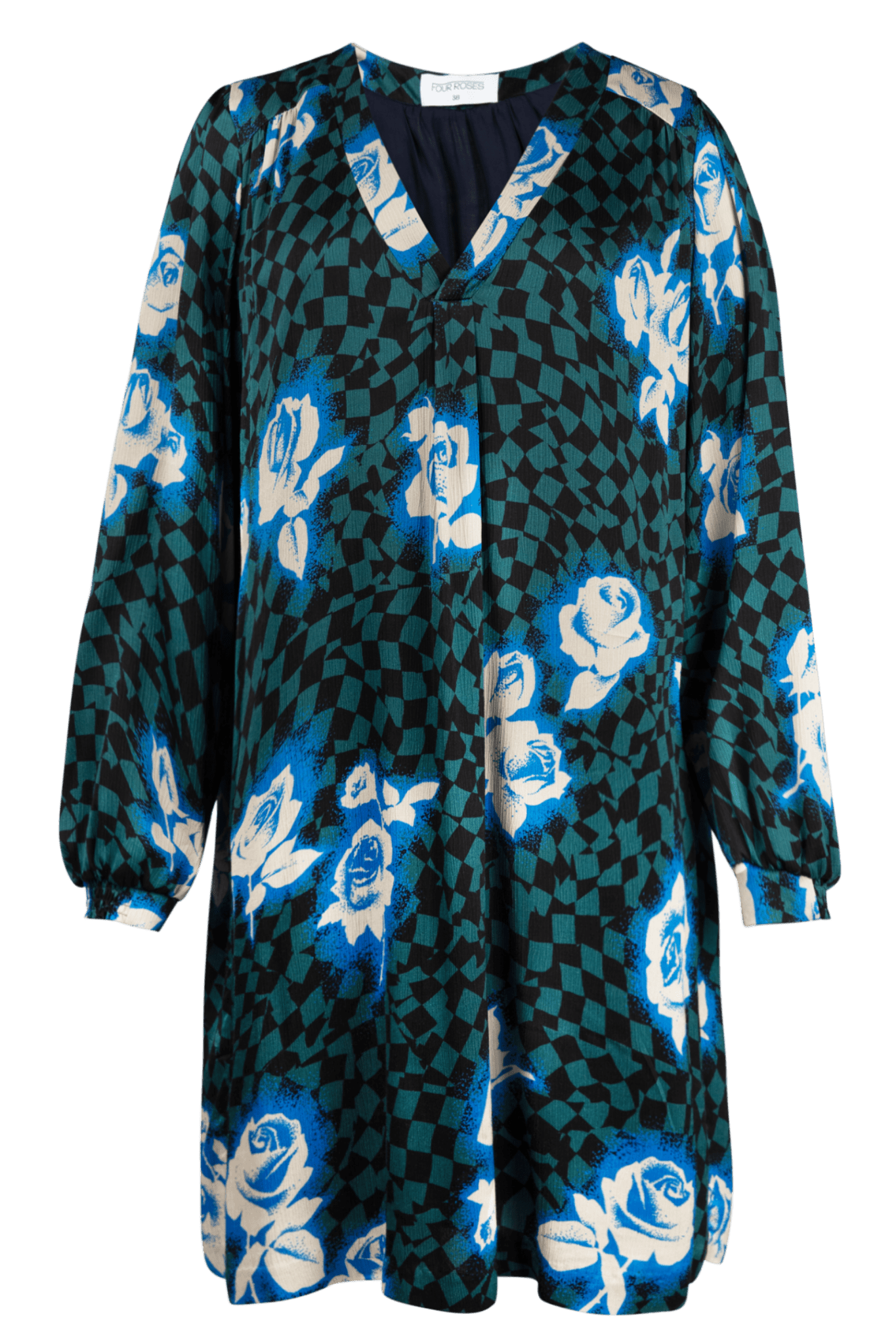 KORTE JURK MET BLAUWGROENE PRINT (9618) - Four Roses