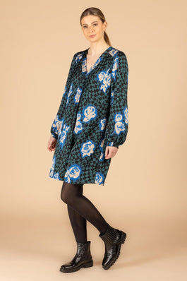 KORTE JURK MET BLAUWGROENE PRINT (9618) - Four Roses