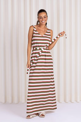 LANG KLEED MET STREEPDESSIN EN ZIJSPLIT (9058) - Four Roses