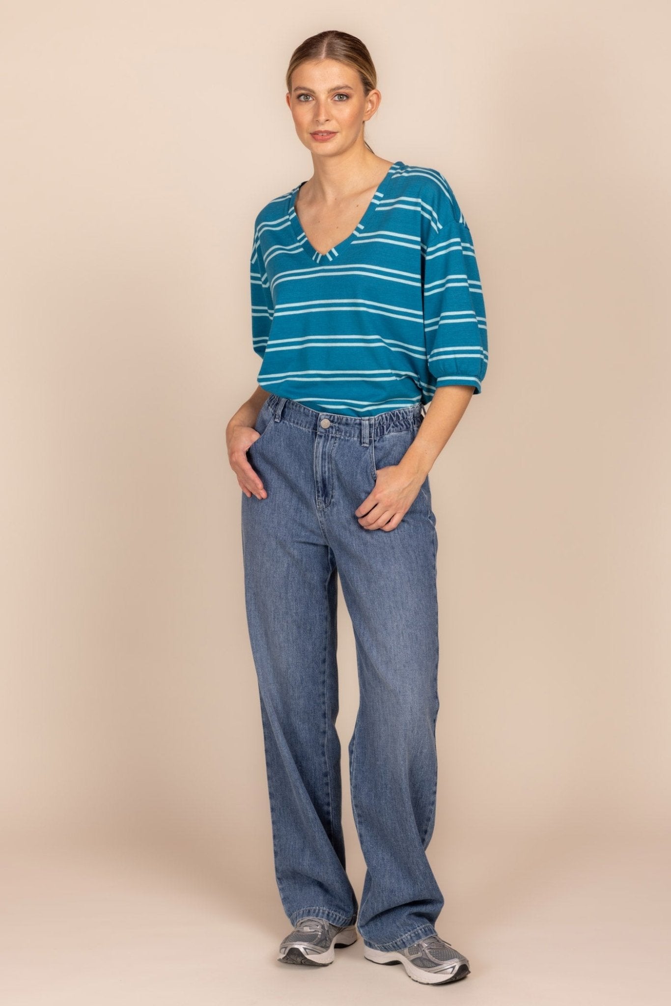 TSHIRT MET DRIEKWART MOUW IN LINNENMIX (9064) - Four Roses