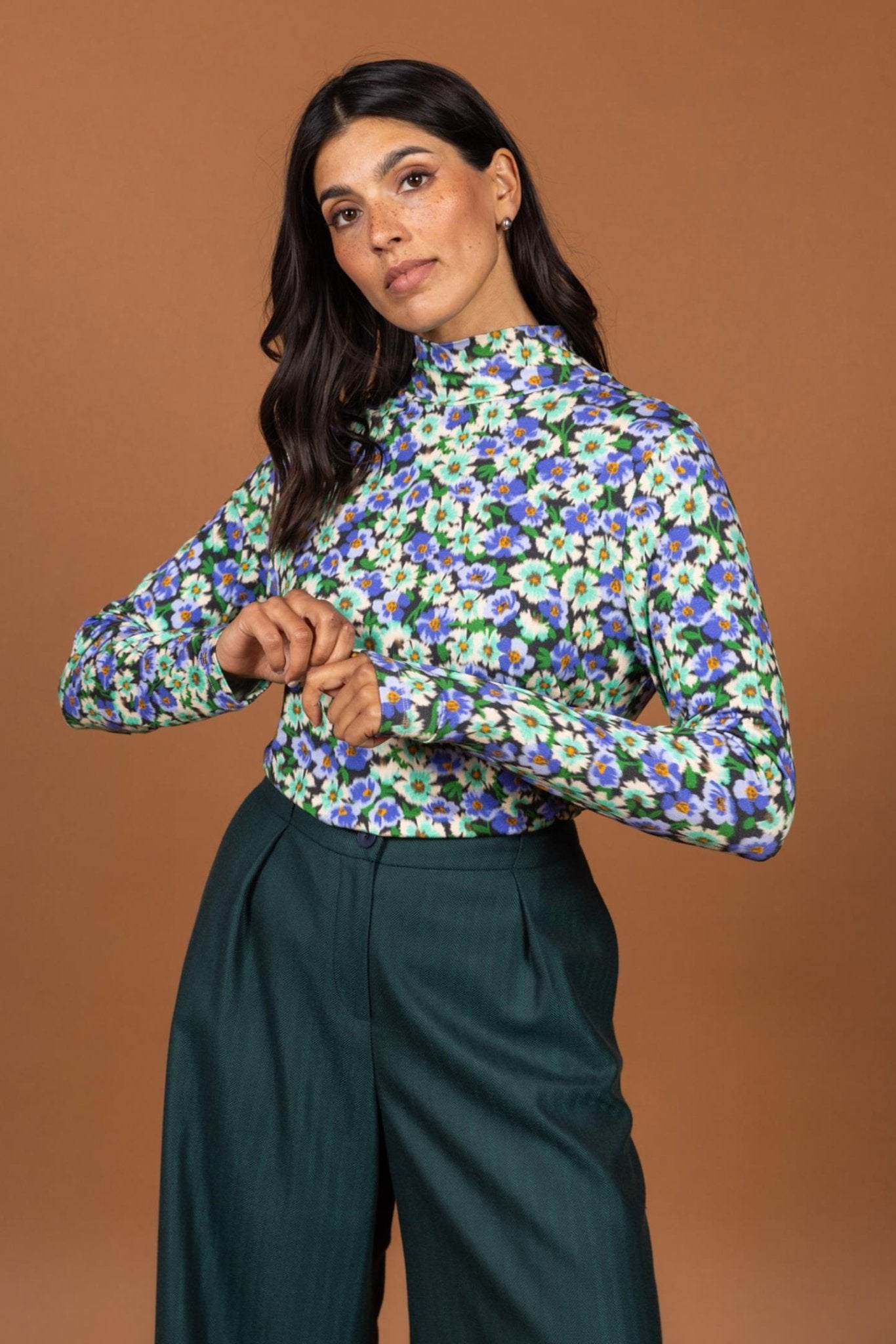 WIJDE BROEK MET HOGE TAILLE IN PETROL (9604) - Four Roses