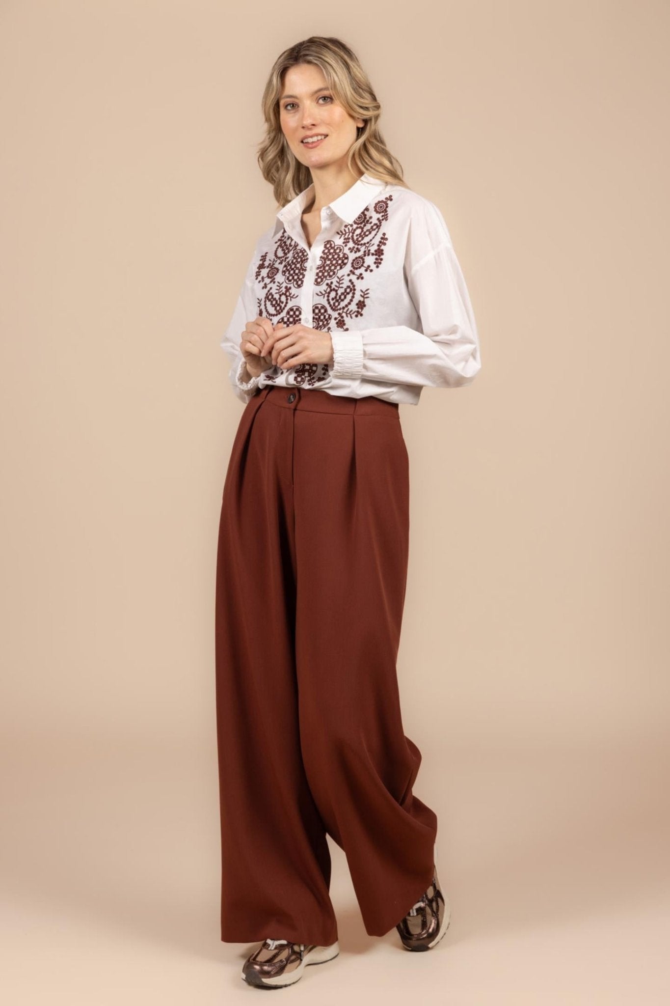 WIJDE GEKLEDE BROEK MET HOGE TAILLE (9603) - Four Roses