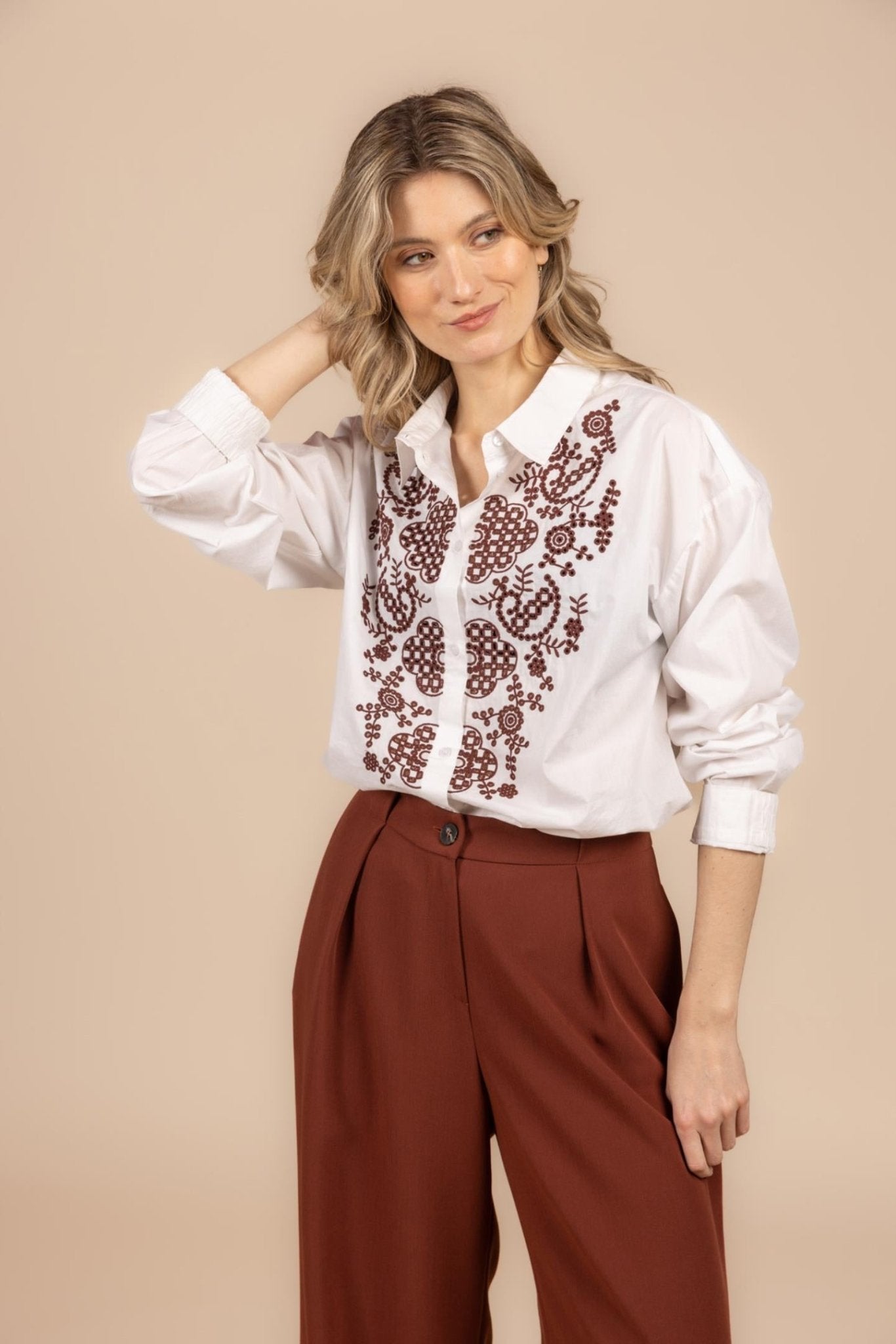 WIJDE GEKLEDE BROEK MET HOGE TAILLE (9603) - Four Roses