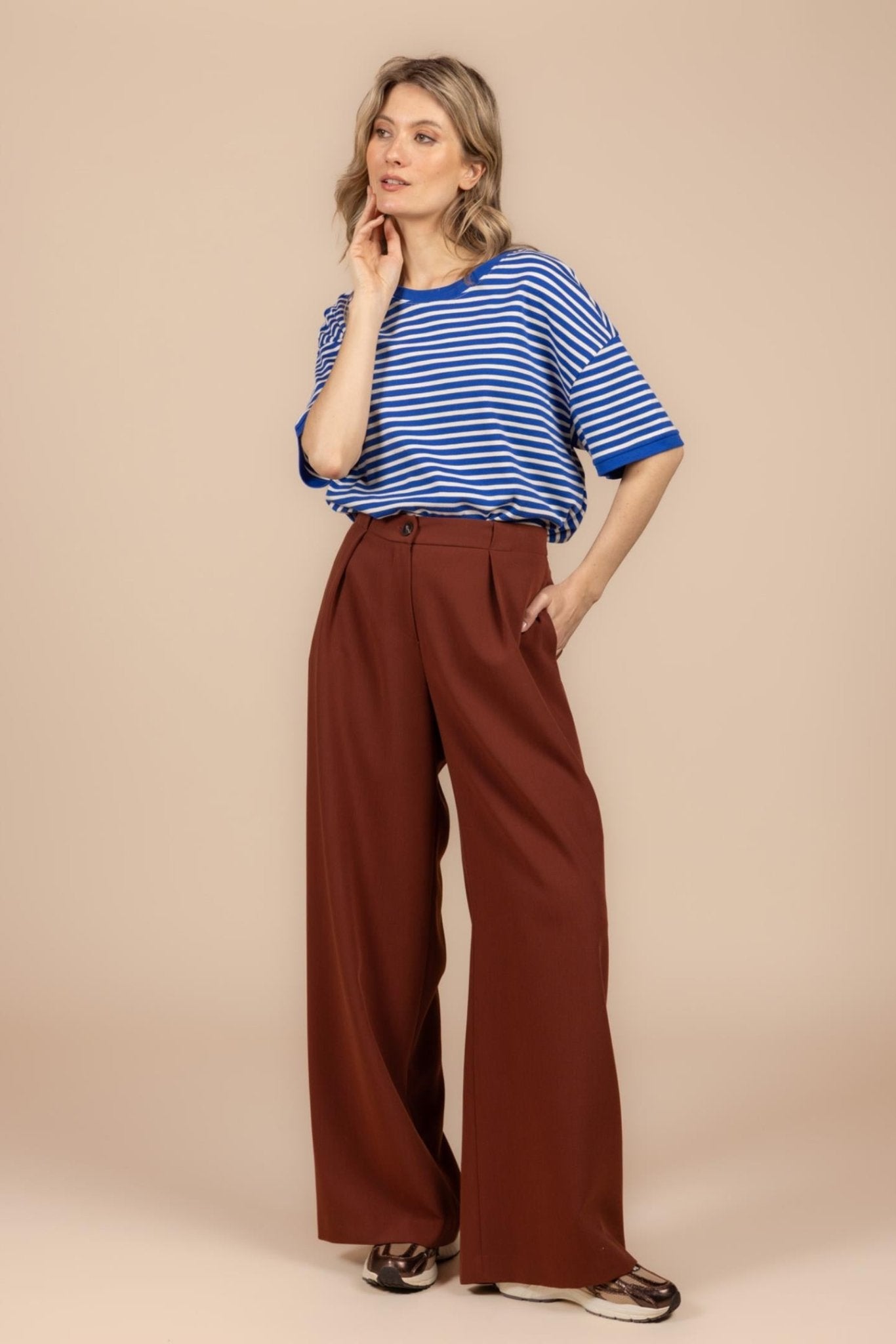 WIJDE GEKLEDE BROEK MET HOGE TAILLE (9603) - Four Roses